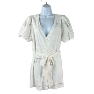 Alice + Olivia Romper Womens Size 12 White Lace Eyelet Puff Sleeve Tie Belt‎